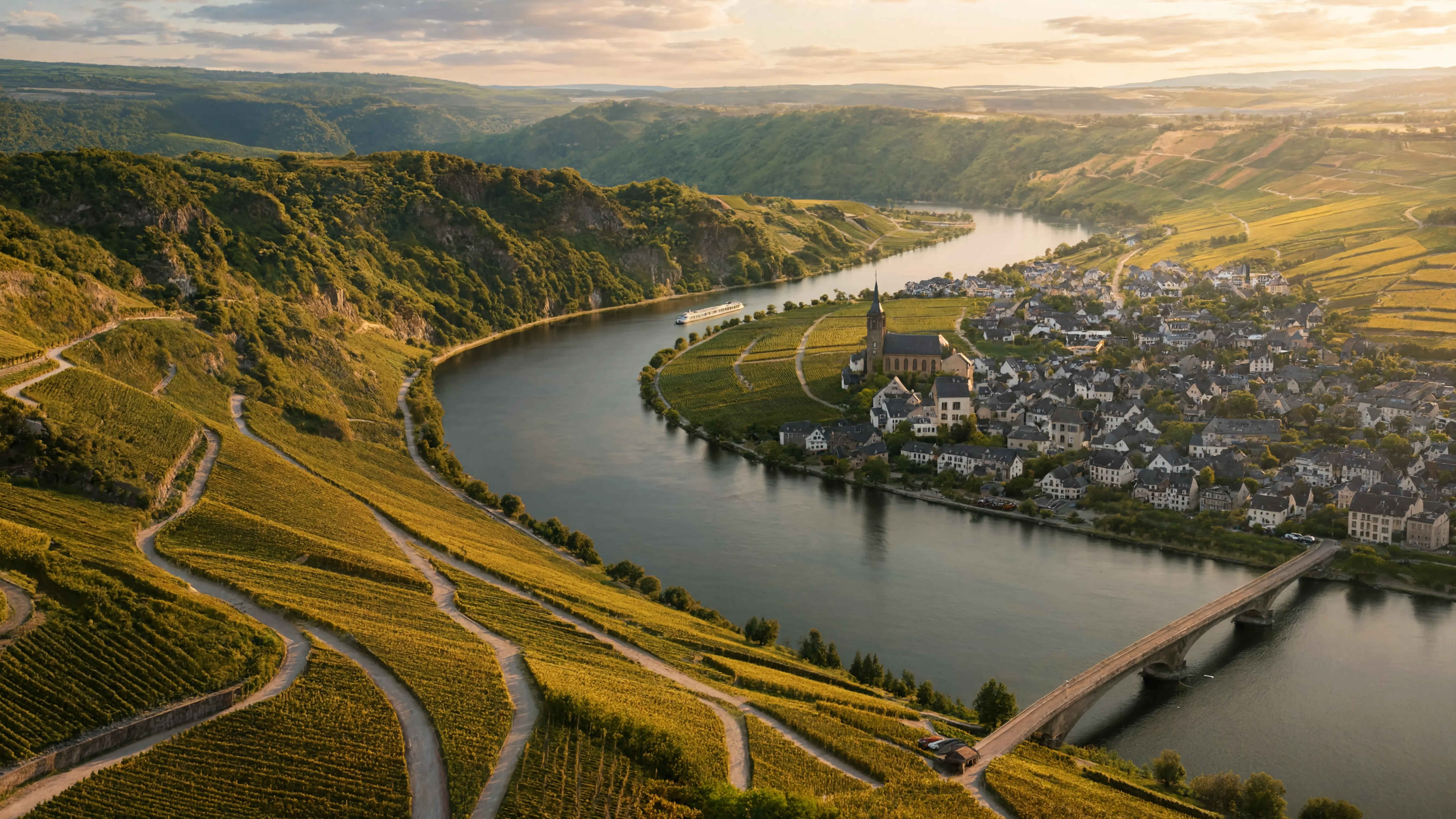 Moselweinberge im goldenen Abendlicht mit Blick auf das Flussufer