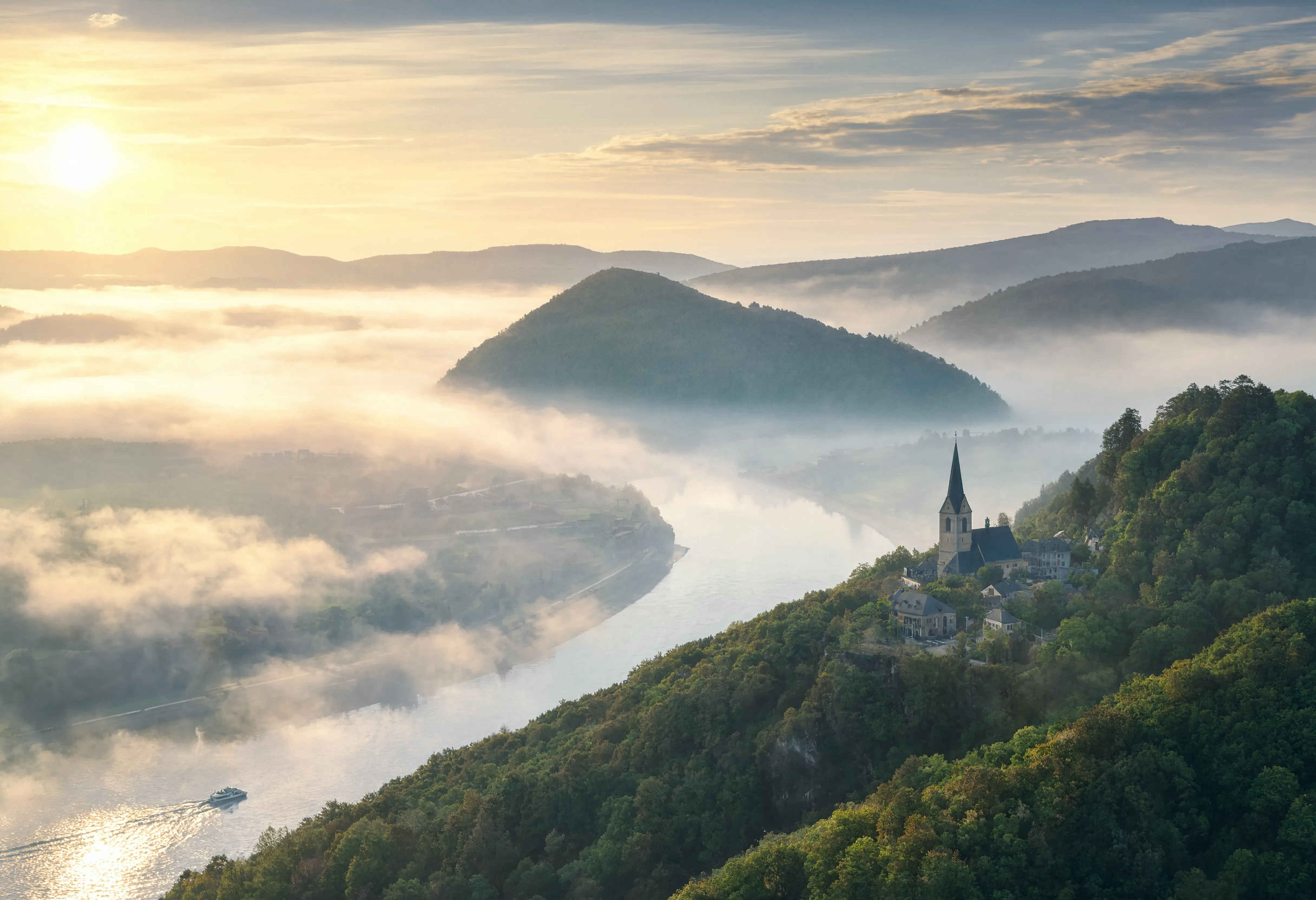 Morgendliches Tal mit Nebel über deutschen Weinbergen und historischer Architektur