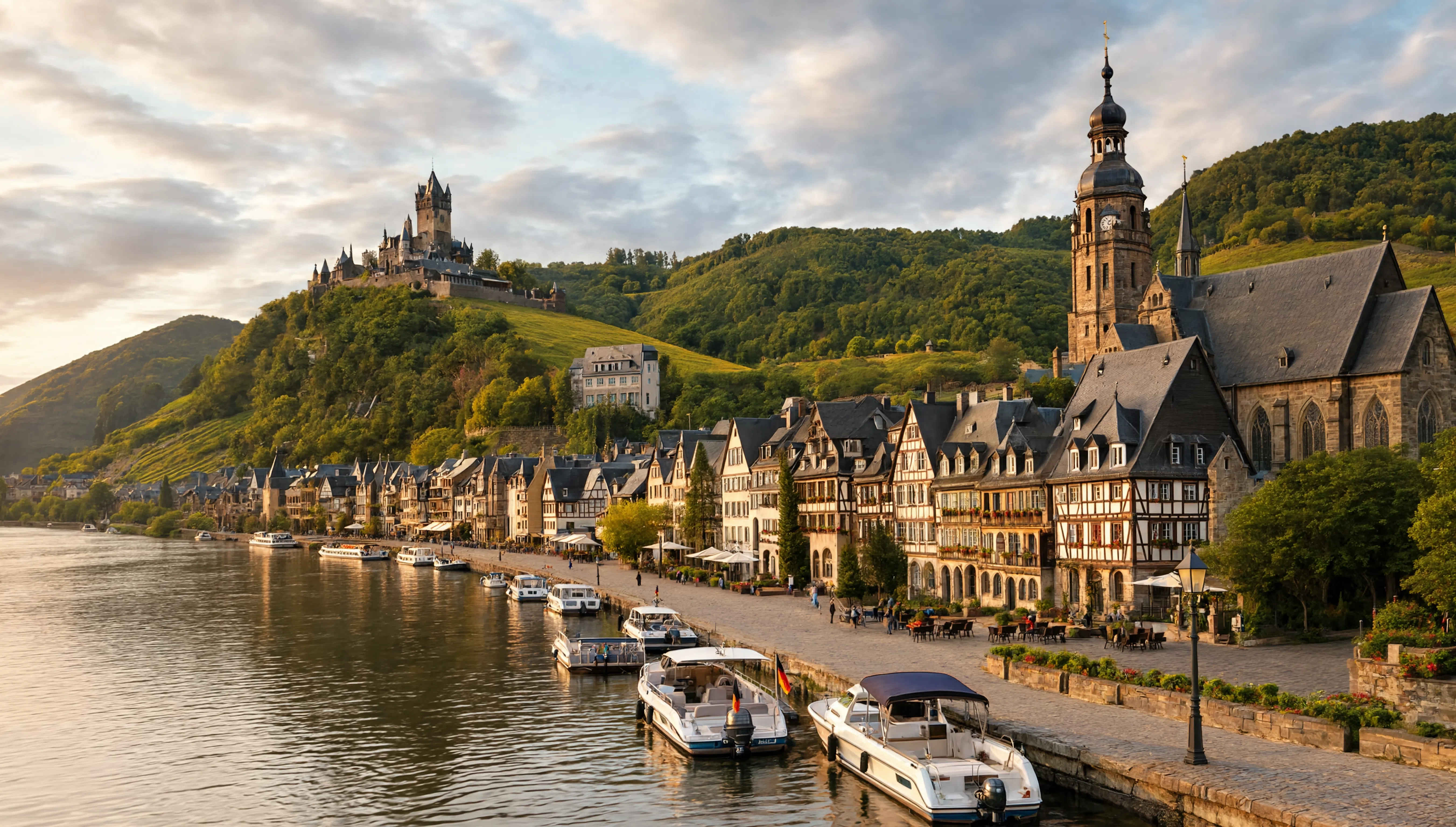 Historische Moselstadt mit Fachwerkhäusern und Weinbergen
