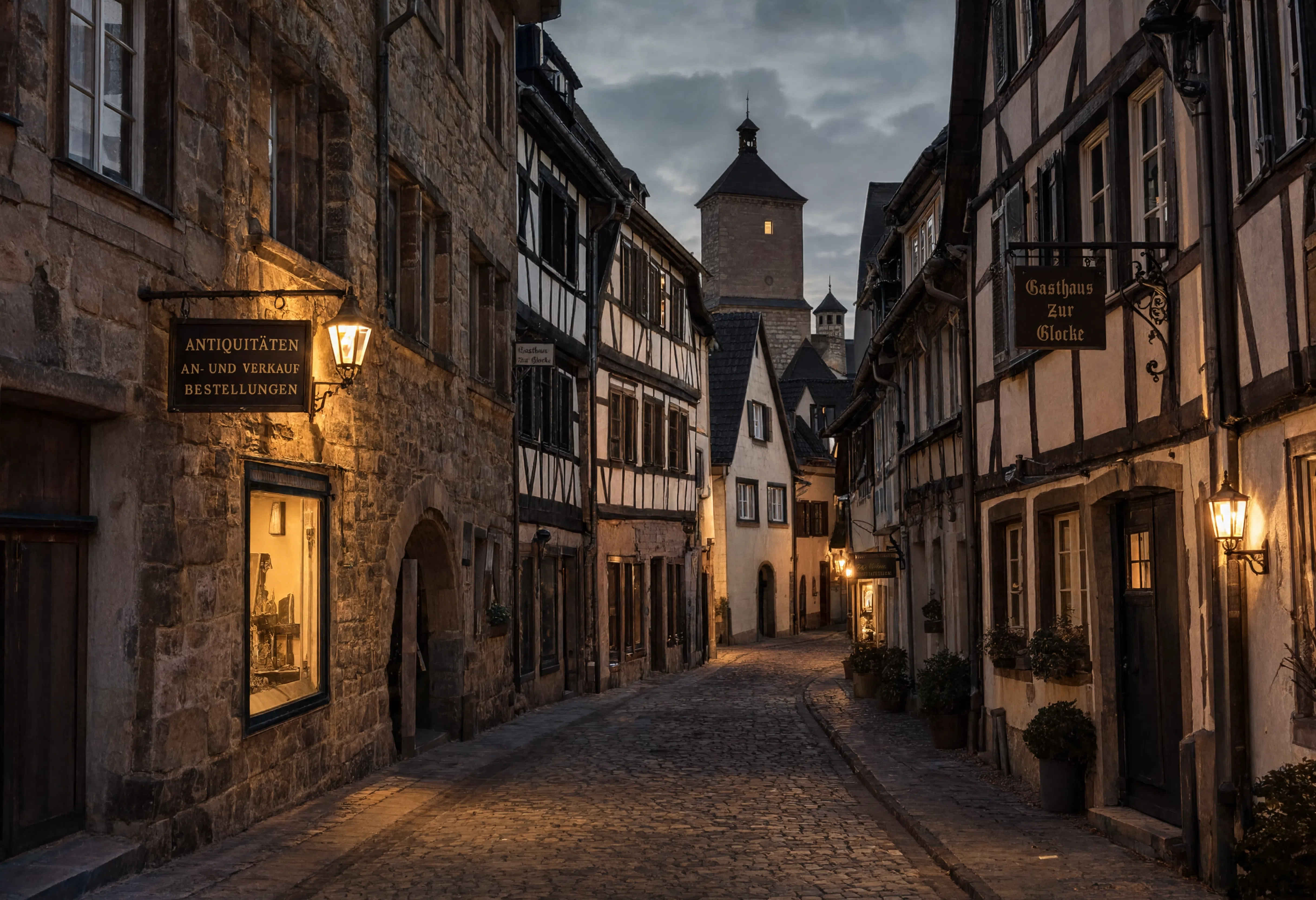 Historische deutsche Altstadt mit Fachwerkarchitektur und Kopfsteinpflaster